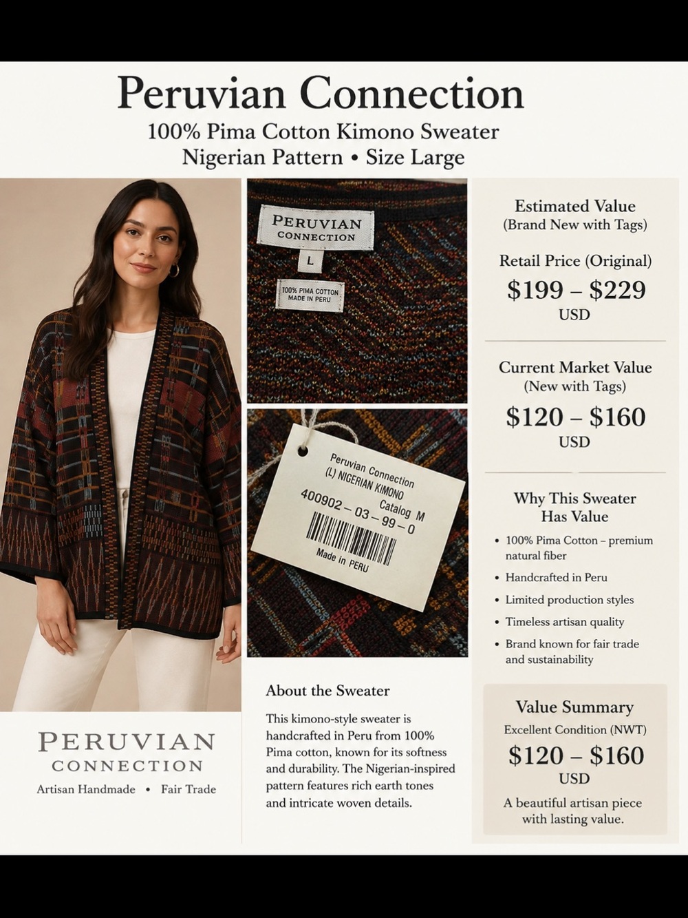 Peruvian Connection Brown Multi Nigerian-Pattern Kimono Sweater
